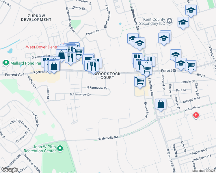 map of restaurants, bars, coffee shops, grocery stores, and more near 43 Bennington Street in Dover