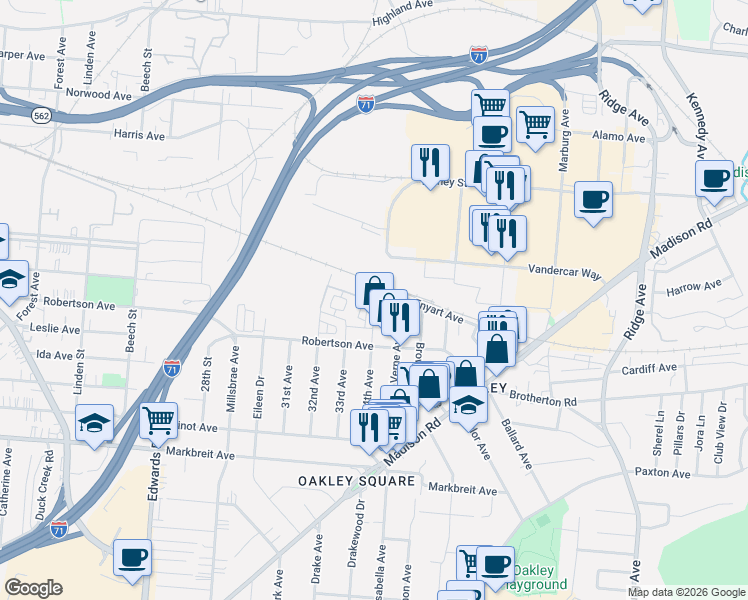 map of restaurants, bars, coffee shops, grocery stores, and more near 2950 Robertson Ave in Cincinnati