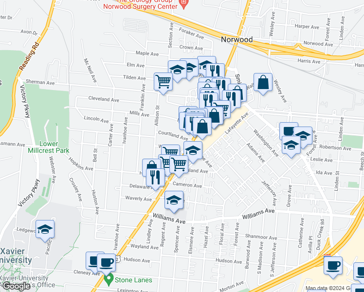 map of restaurants, bars, coffee shops, grocery stores, and more near 2053 Courtland Avenue in Cincinnati