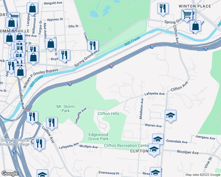 map of restaurants, bars, coffee shops, grocery stores, and more near 436 West Cliff Lane in Cincinnati
