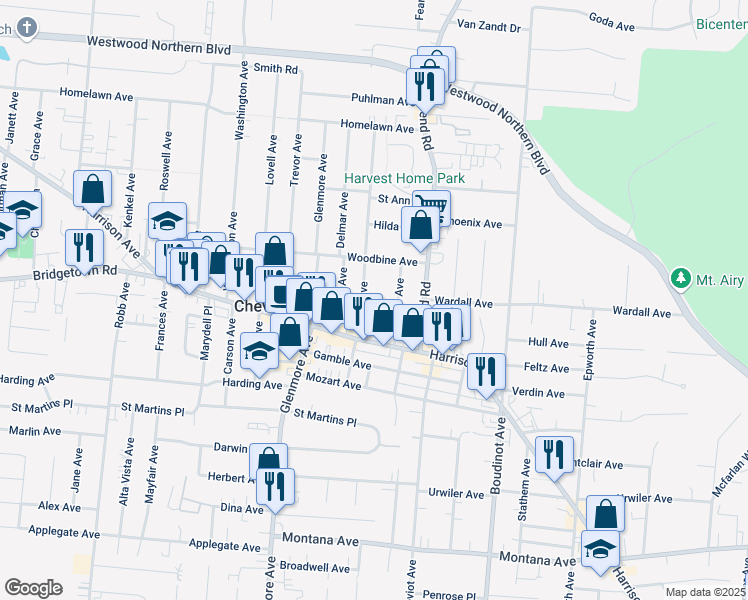 map of restaurants, bars, coffee shops, grocery stores, and more near 3847 Davis Avenue in Cincinnati