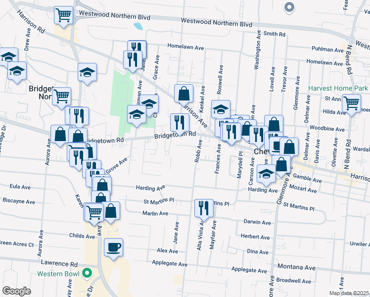 map of restaurants, bars, coffee shops, grocery stores, and more near 4243 Bridgetown Road in Cincinnati