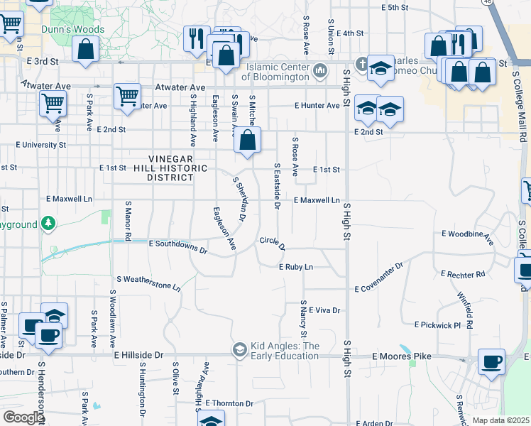 map of restaurants, bars, coffee shops, grocery stores, and more near 1510 East Maxwell Lane in Bloomington