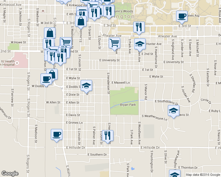 map of restaurants, bars, coffee shops, grocery stores, and more near 844 South Henderson Street in Bloomington