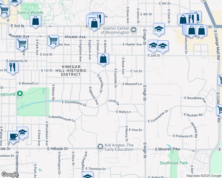 map of restaurants, bars, coffee shops, grocery stores, and more near 909 South Mitchell Street in Bloomington