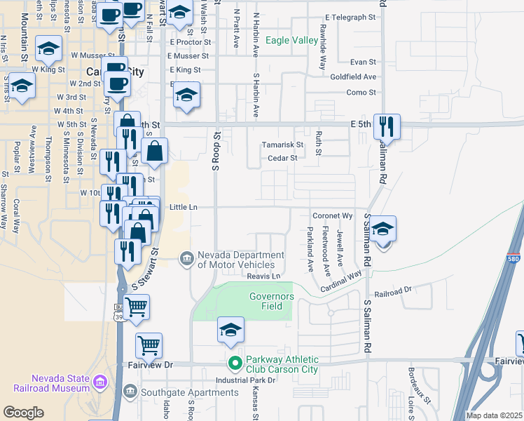 map of restaurants, bars, coffee shops, grocery stores, and more near 1008 Little Lane in Carson City