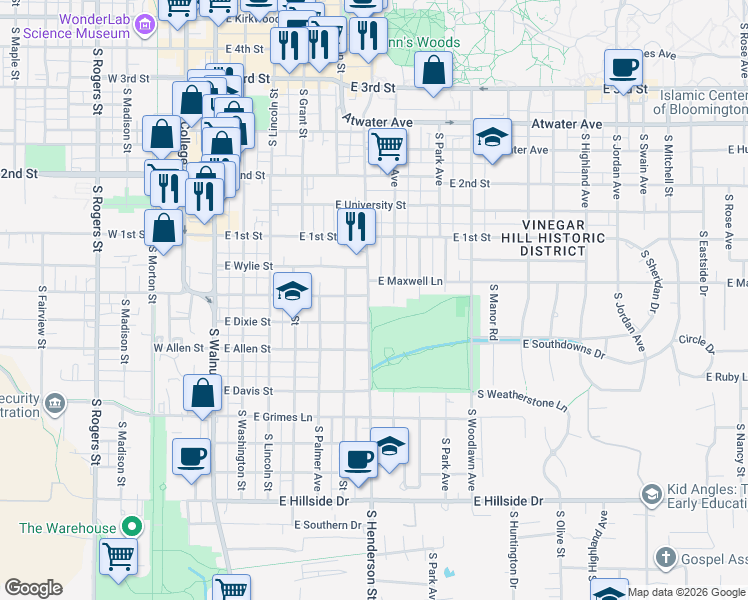 map of restaurants, bars, coffee shops, grocery stores, and more near 844 South Henderson Street in Bloomington