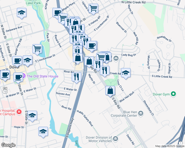 map of restaurants, bars, coffee shops, grocery stores, and more near 400 Court Street in Dover
