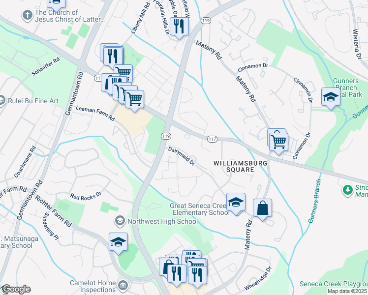 map of restaurants, bars, coffee shops, grocery stores, and more near 13205 Dairymaid Drive in Germantown