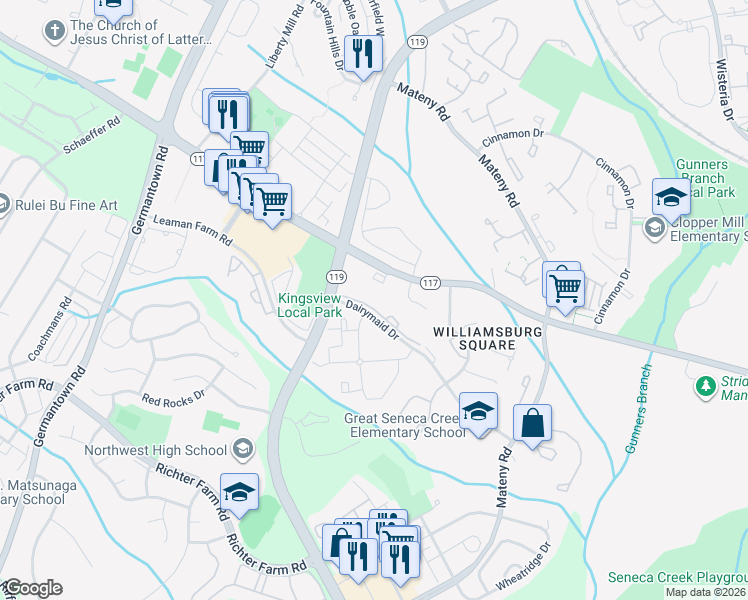 map of restaurants, bars, coffee shops, grocery stores, and more near 13207 Dairymaid Drive in Germantown