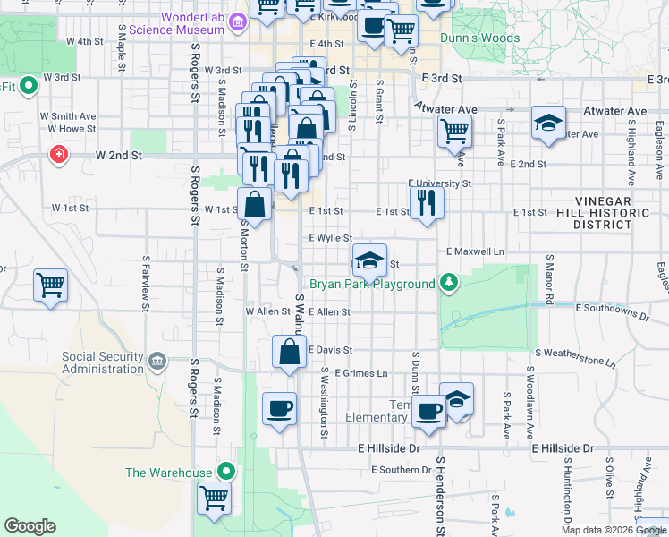 map of restaurants, bars, coffee shops, grocery stores, and more near 729 South Washington Street in Bloomington