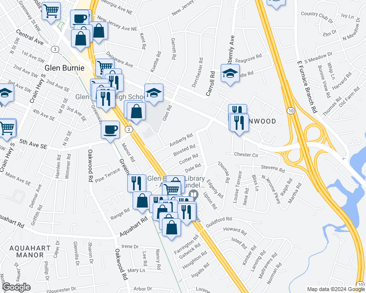 map of restaurants, bars, coffee shops, grocery stores, and more near 622 Binsted Road in Glen Burnie