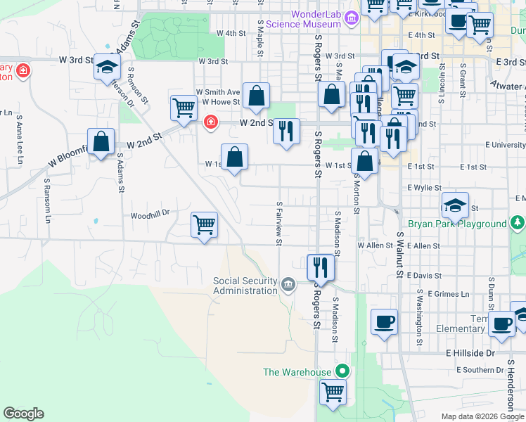 map of restaurants, bars, coffee shops, grocery stores, and more near 801 West Dodds Street in Bloomington