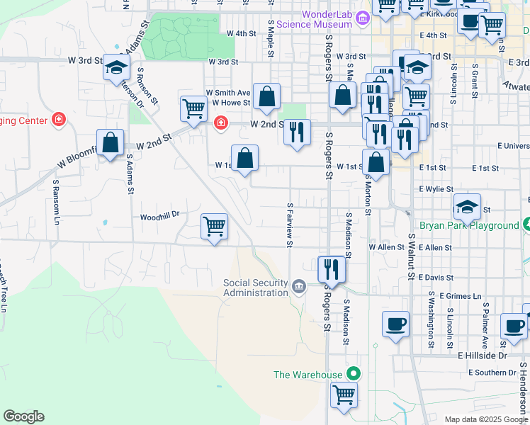 map of restaurants, bars, coffee shops, grocery stores, and more near 801 West Dodds Street in Bloomington