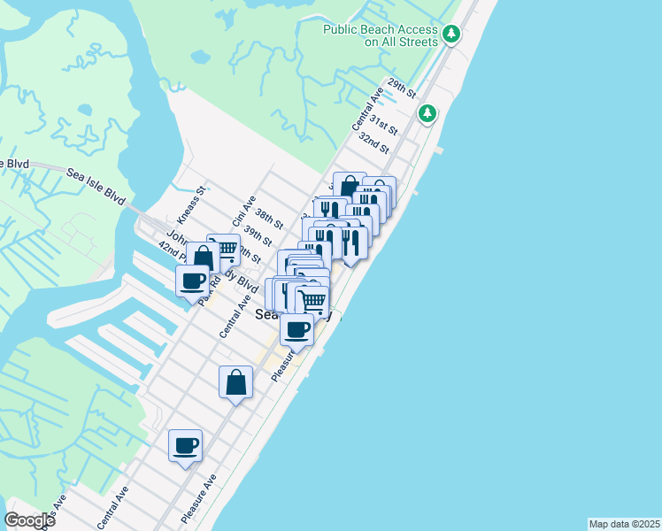 map of restaurants, bars, coffee shops, grocery stores, and more near 3801 Landis Avenue in Sea Isle City