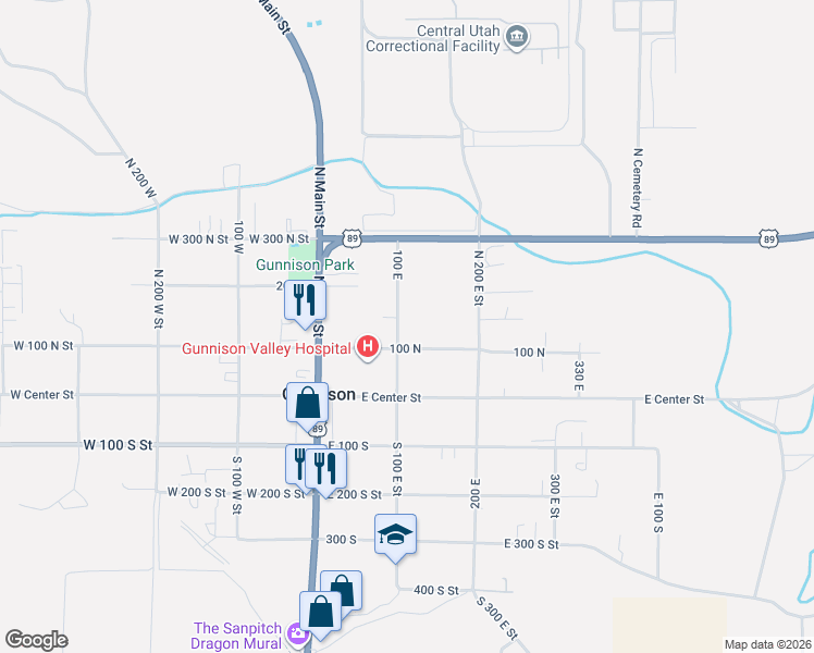 map of restaurants, bars, coffee shops, grocery stores, and more near 130 North 100 East Street in Gunnison