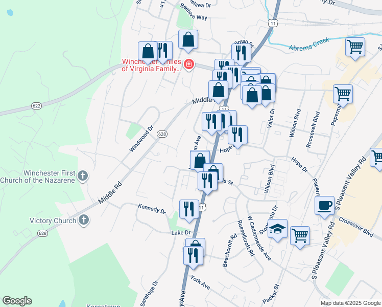 map of restaurants, bars, coffee shops, grocery stores, and more near 2531 Hockman Avenue in Winchester