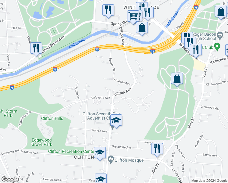 map of restaurants, bars, coffee shops, grocery stores, and more near 3901 Clifton Avenue in Cincinnati