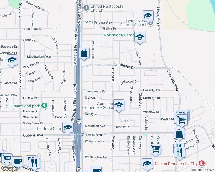map of restaurants, bars, coffee shops, grocery stores, and more near 1671 Mosswood Drive in Yuba City