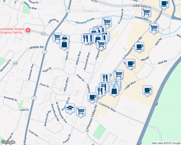 map of restaurants, bars, coffee shops, grocery stores, and more near 2342 Roosevelt Boulevard in Winchester