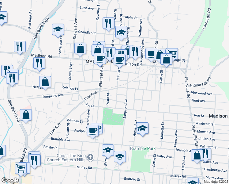 map of restaurants, bars, coffee shops, grocery stores, and more near 4727 Mathis Street in Cincinnati