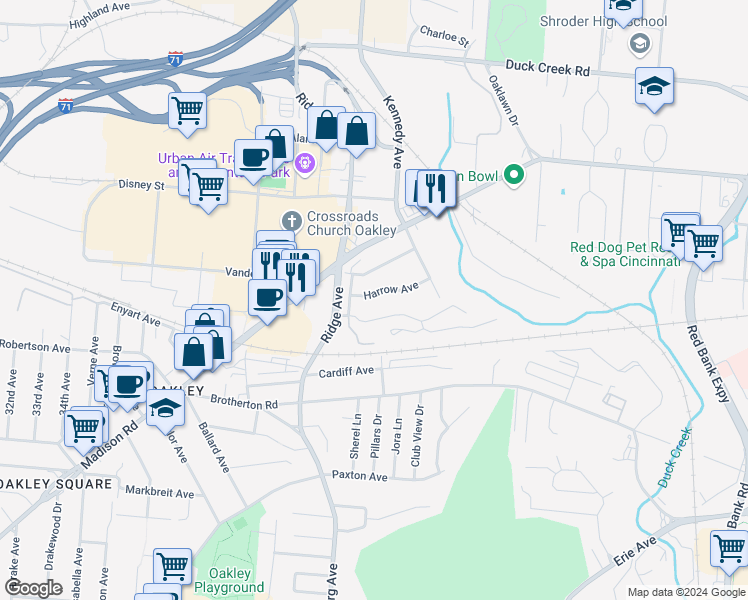 map of restaurants, bars, coffee shops, grocery stores, and more near 3518 Harrow Avenue in Cincinnati