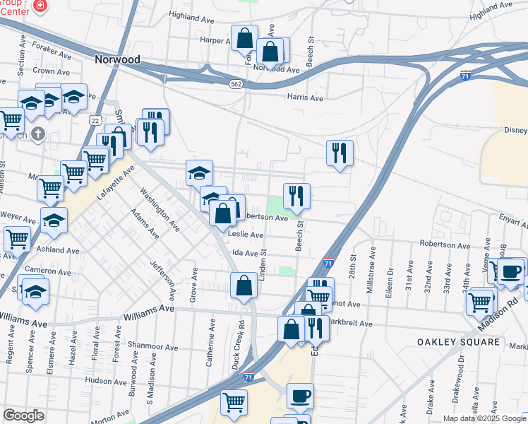 map of restaurants, bars, coffee shops, grocery stores, and more near 2442 Robertson Avenue in Cincinnati