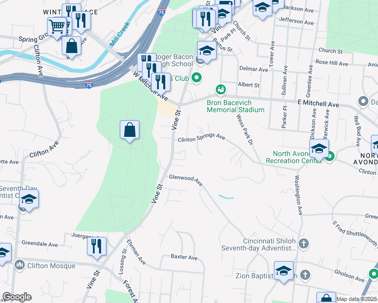 map of restaurants, bars, coffee shops, grocery stores, and more near 32 Merzen Court in Cincinnati