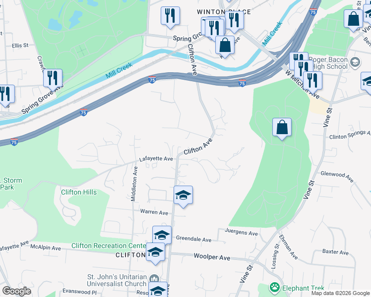map of restaurants, bars, coffee shops, grocery stores, and more near 3901 Clifton Avenue in Cincinnati