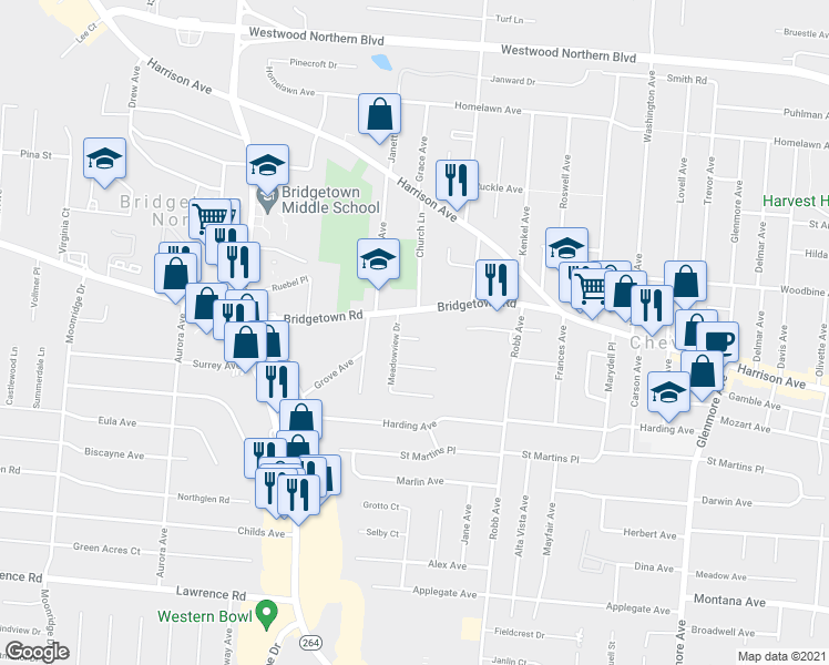 map of restaurants, bars, coffee shops, grocery stores, and more near 4337 Bridgetown Road in Cincinnati