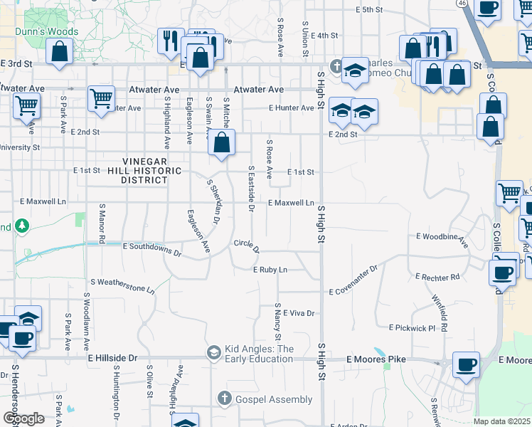 map of restaurants, bars, coffee shops, grocery stores, and more near 1704 East Maxwell Lane in Bloomington