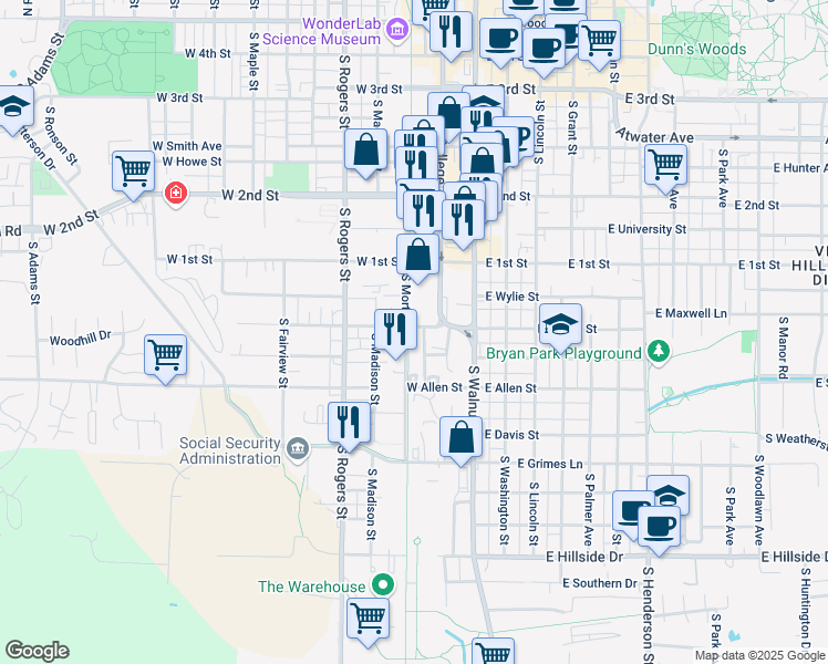 map of restaurants, bars, coffee shops, grocery stores, and more near 303 West Dodds Street in Bloomington