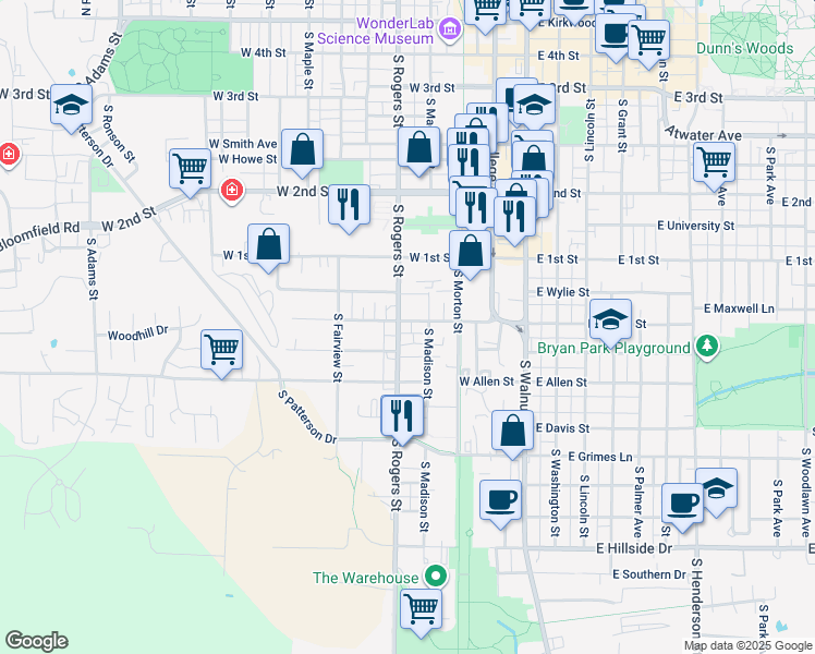 map of restaurants, bars, coffee shops, grocery stores, and more near 412 West Dodds Street in Bloomington