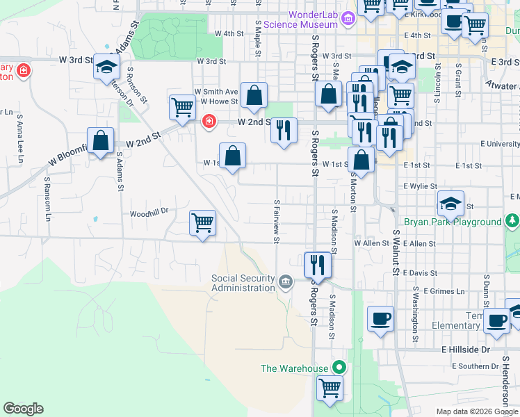 map of restaurants, bars, coffee shops, grocery stores, and more near 801 West Dodds Street in Bloomington