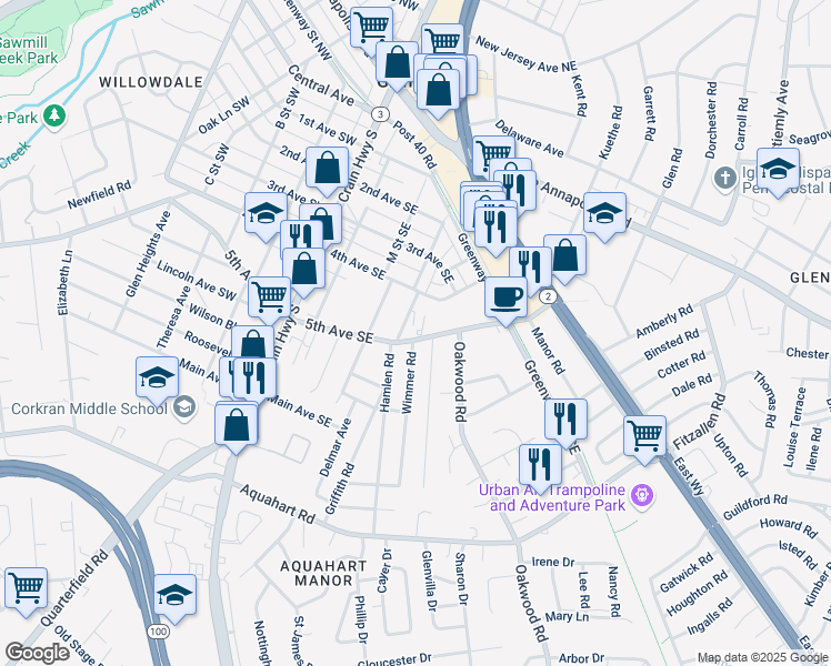 map of restaurants, bars, coffee shops, grocery stores, and more near 304 5th Avenue Southeast in Glen Burnie