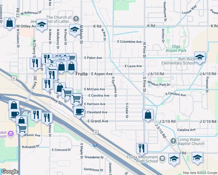 map of restaurants, bars, coffee shops, grocery stores, and more near 150 South Sycamore Street in Fruita