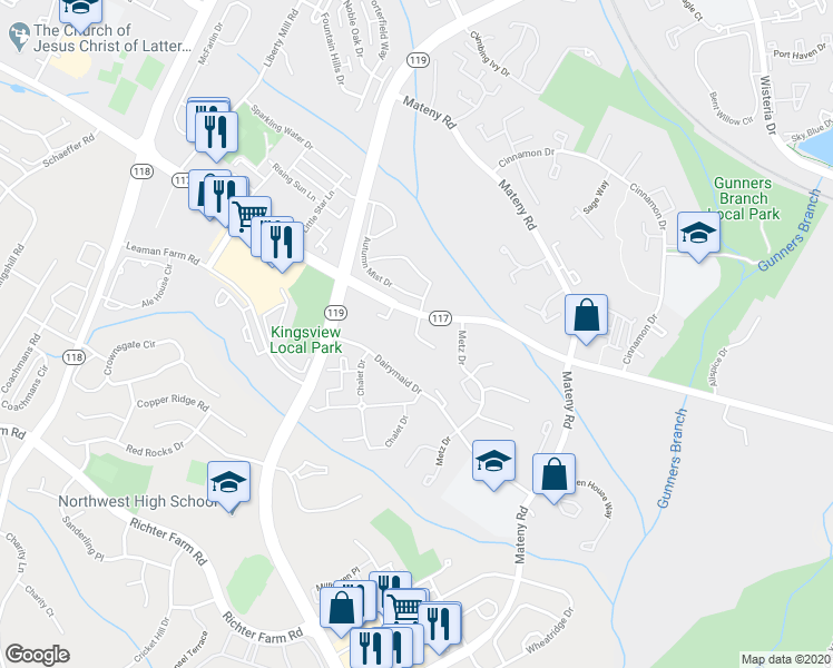 map of restaurants, bars, coffee shops, grocery stores, and more near 18364 Timko Lane in Germantown