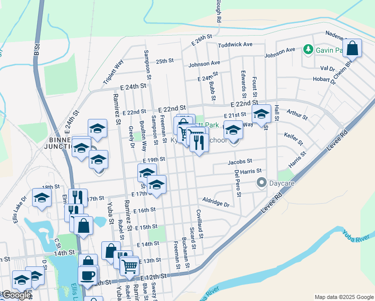 map of restaurants, bars, coffee shops, grocery stores, and more near 1912 Covillaud Street in Marysville