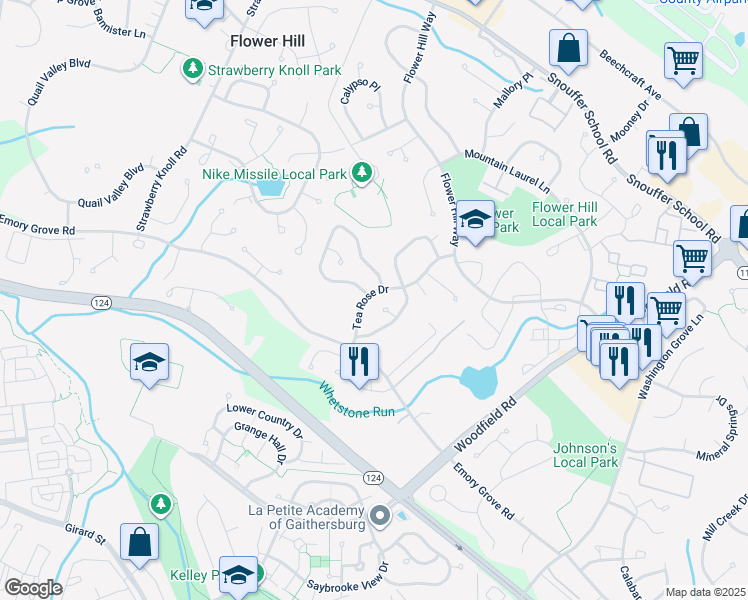 map of restaurants, bars, coffee shops, grocery stores, and more near 8420 Tea Rose Drive in Gaithersburg