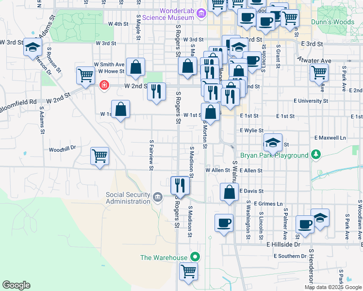 map of restaurants, bars, coffee shops, grocery stores, and more near 412 West Dodds Street in Bloomington