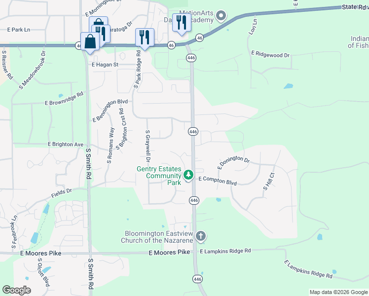 map of restaurants, bars, coffee shops, grocery stores, and more near 902 South Rainier Court in Bloomington