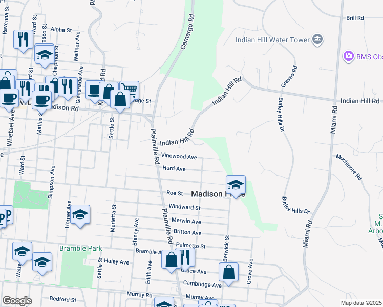 map of restaurants, bars, coffee shops, grocery stores, and more near 6840 Vinewood Avenue in Cincinnati