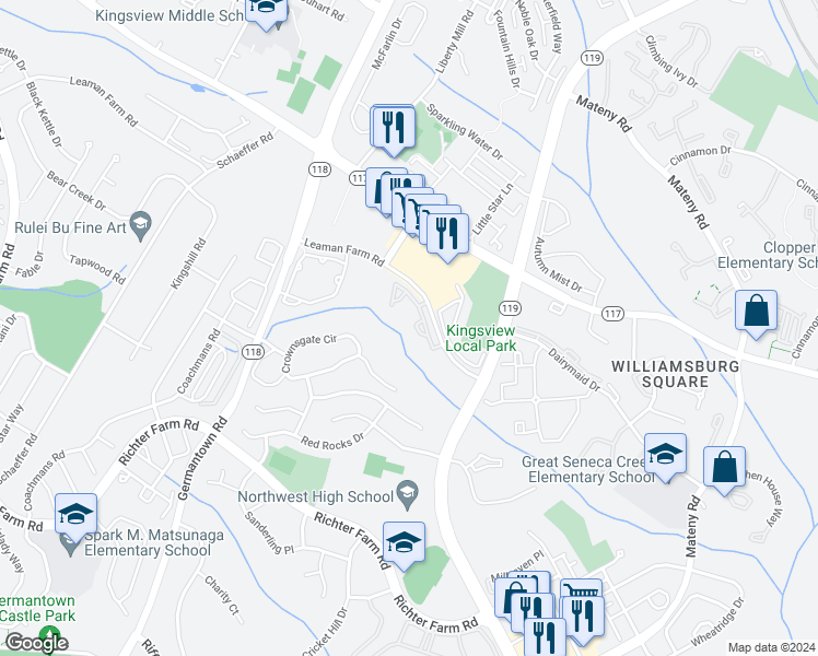 map of restaurants, bars, coffee shops, grocery stores, and more near 13408 Daventry Way in Germantown