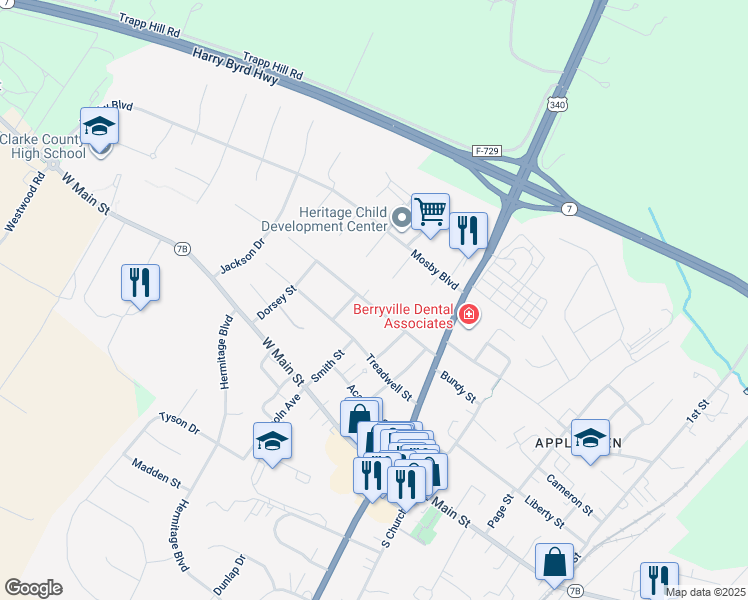 map of restaurants, bars, coffee shops, grocery stores, and more near 232 Walnut Street in Berryville