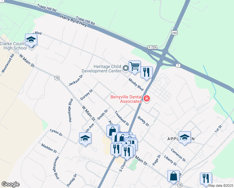 map of restaurants, bars, coffee shops, grocery stores, and more near 232 Walnut Street in Berryville