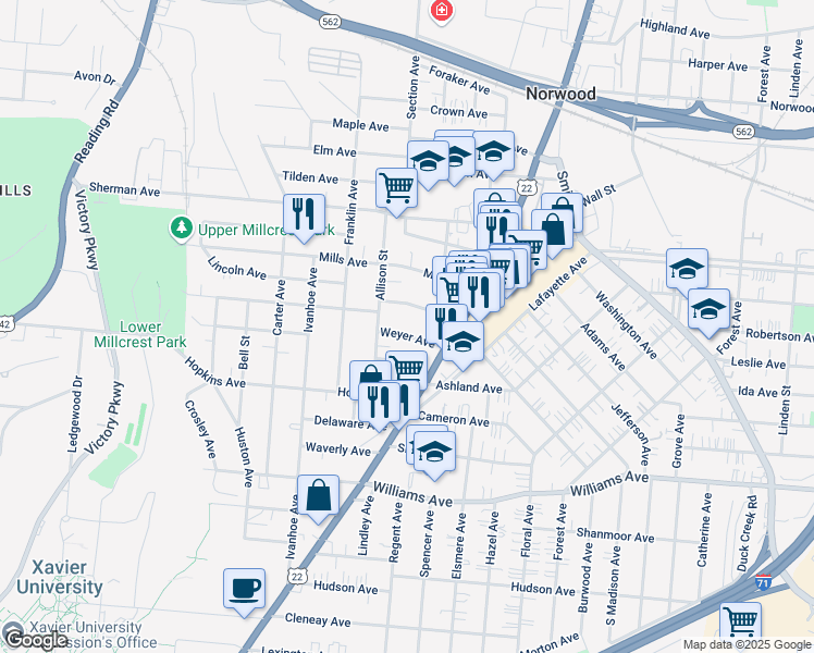 map of restaurants, bars, coffee shops, grocery stores, and more near 2026 Weyer Avenue in Cincinnati