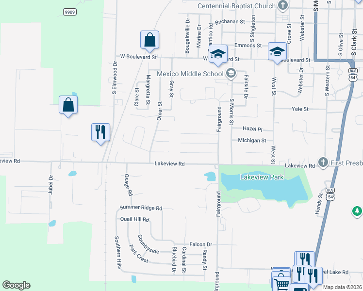 map of restaurants, bars, coffee shops, grocery stores, and more near 1418 Rosebud St in Mexico