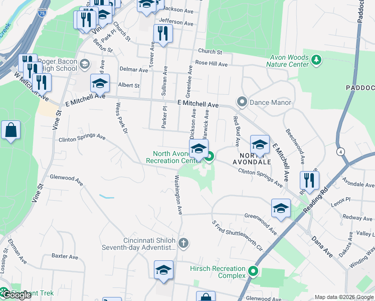 map of restaurants, bars, coffee shops, grocery stores, and more near 3913 Dickson Avenue in Cincinnati