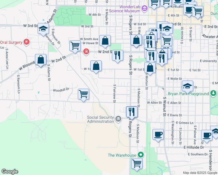 map of restaurants, bars, coffee shops, grocery stores, and more near 801 West Dodds Street in Bloomington