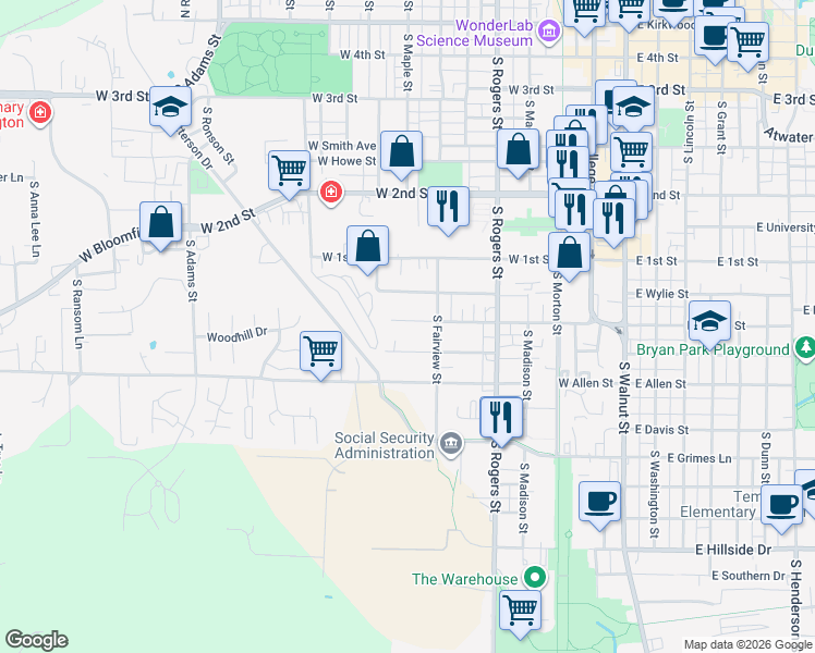 map of restaurants, bars, coffee shops, grocery stores, and more near 801 West Dodds Street in Bloomington
